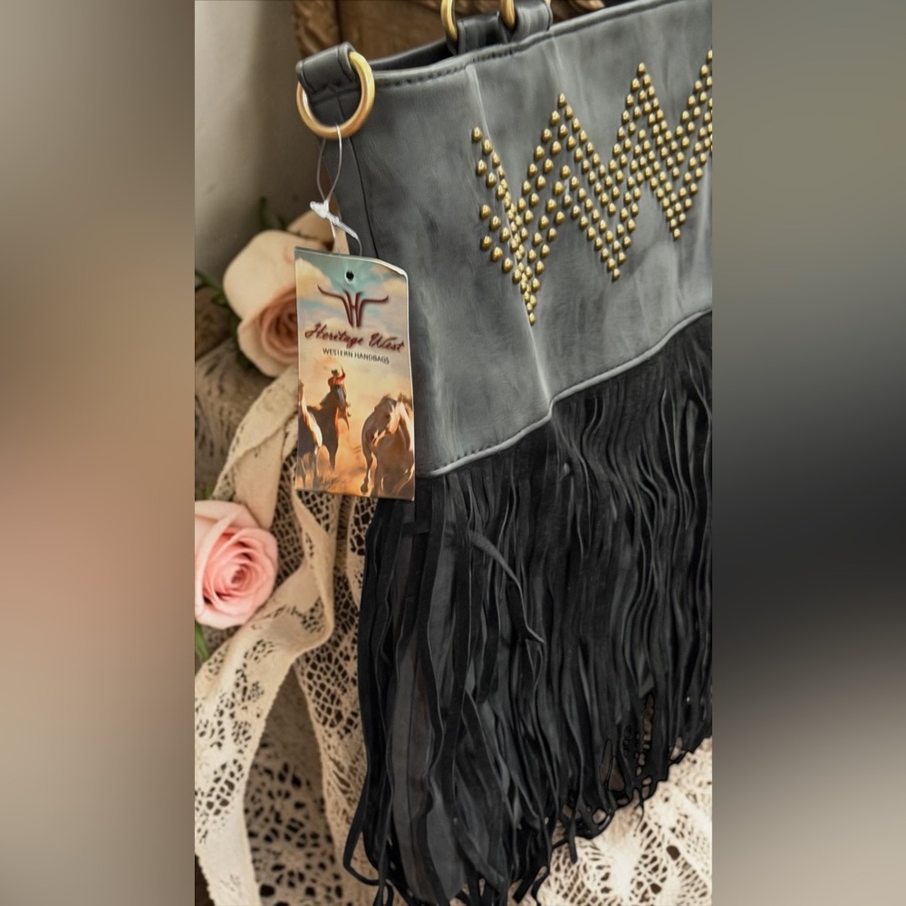 Boho Chic Heritage Fringe Tote with Gold Stud Chevron Detail NEW WITH TAG! - Picture 7 of 10